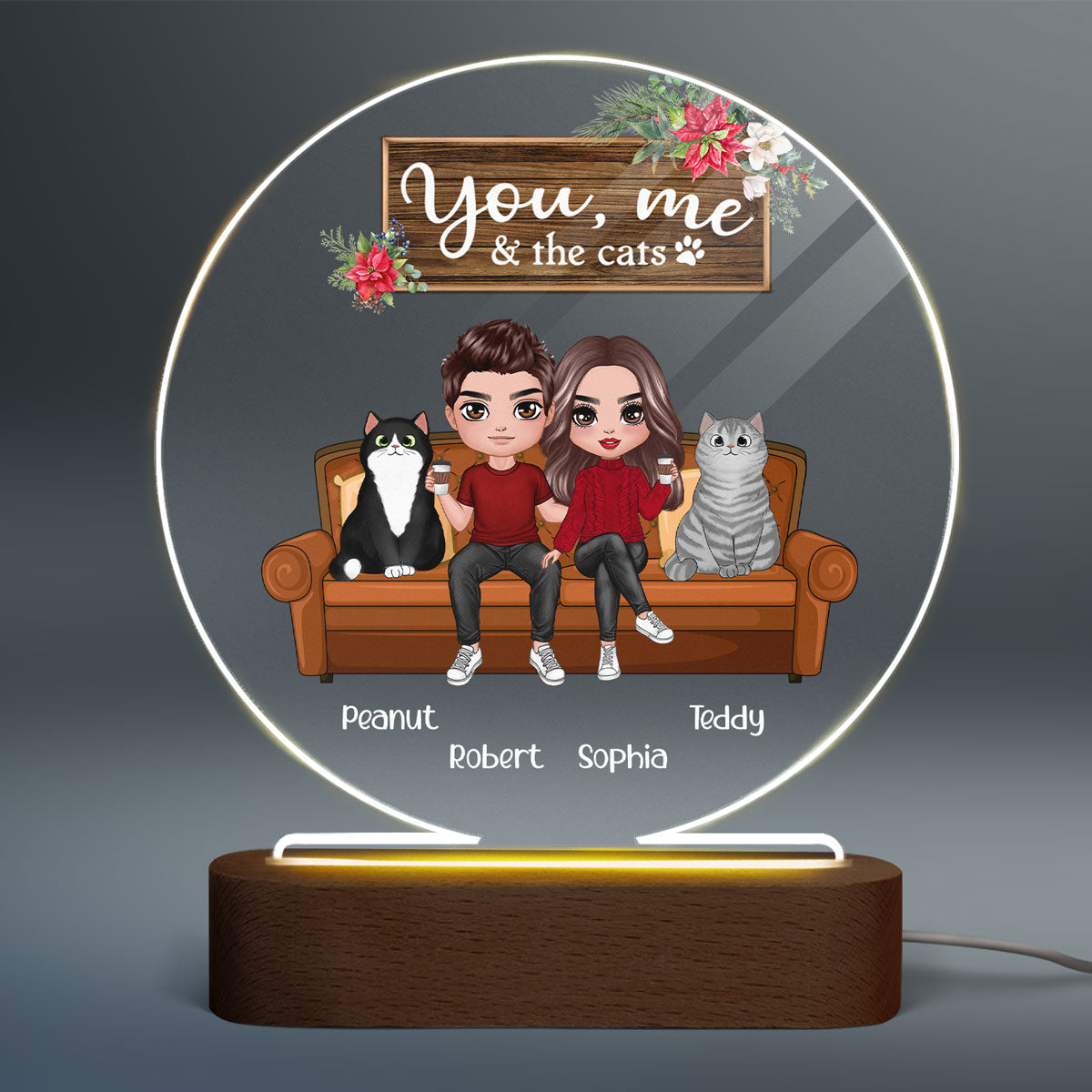 Couple & Cats On Sofa Personalized Circle Acrylic Plaque With LED Night Light - Gift For Couple - Gift For Cat Lover