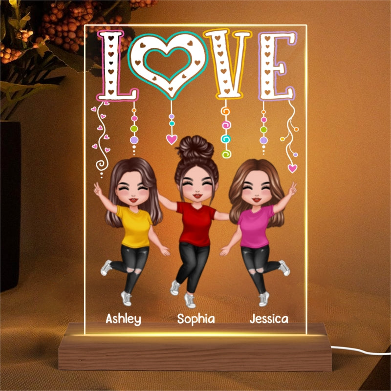 LOVE Happy Doll Besties Sisters Personalized Rectangle Acrylic Plaque LED Night Light
