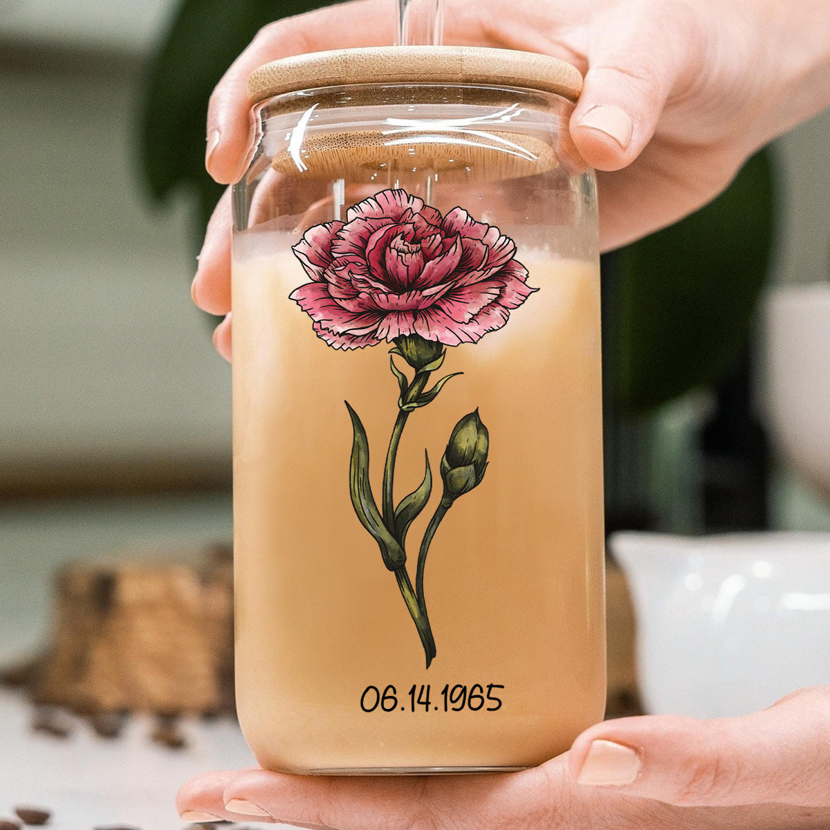 Vintage Birth Flower With Name & Birth Day Gift For Mom Grandma Pretty Woman Personalized Clear Glass Can