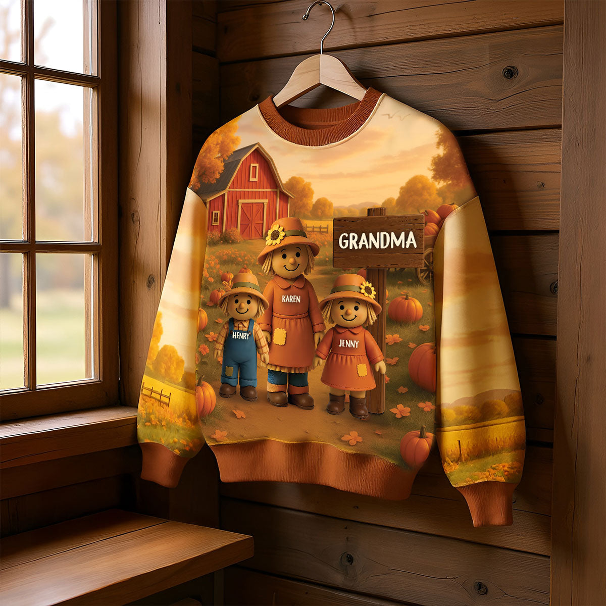 Grandma Grandkids Scarecrow Personalized 3D Effect Sweatshirt, Fall Season Gift for Grandma