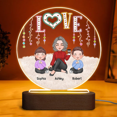 LOVE Cute Grandma Grandkids Sitting On Carpet Personalized Circle Acrylic Plaque With LED Night Light
