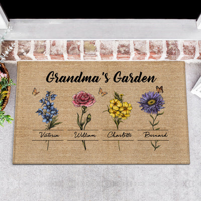 Gift For Grandma Grandma‘s Garden Beautiful Vintage Birth Month Flower With Names Personalized Doormat