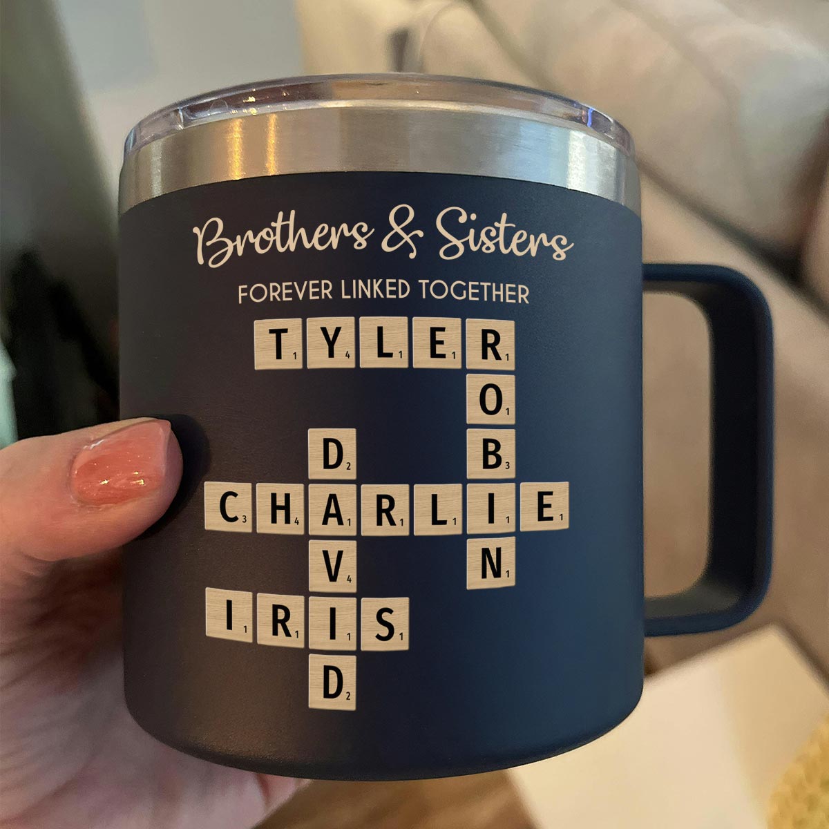 Brothers & Sisters Forever Linked Together Crossword Puzzle Art Personalized Stainless Steel Tumbler With Handle