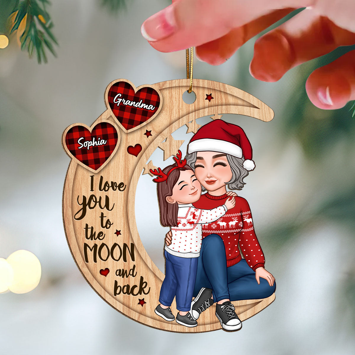 Checkered Pattern Heart Cute Grandkid Hugging Sitting Grandma On Moon Personalized Wooden Ornament
