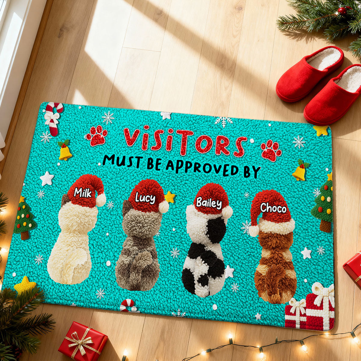 Visitors Must be Approved by Cats - Personalized Doormat - Funny Cats Latch Hook Yarn Faux - Christmas Decor for Pet Lovers