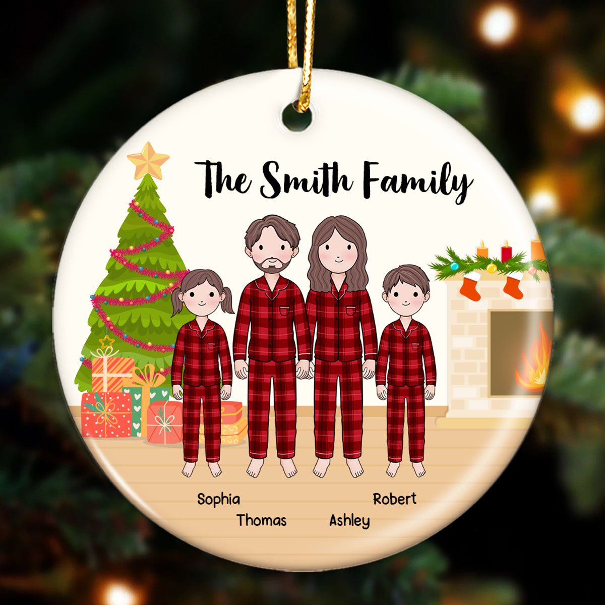 Simple Cartoon Family Dad Mom Kid Dog Cat Personalized Circle Ornament