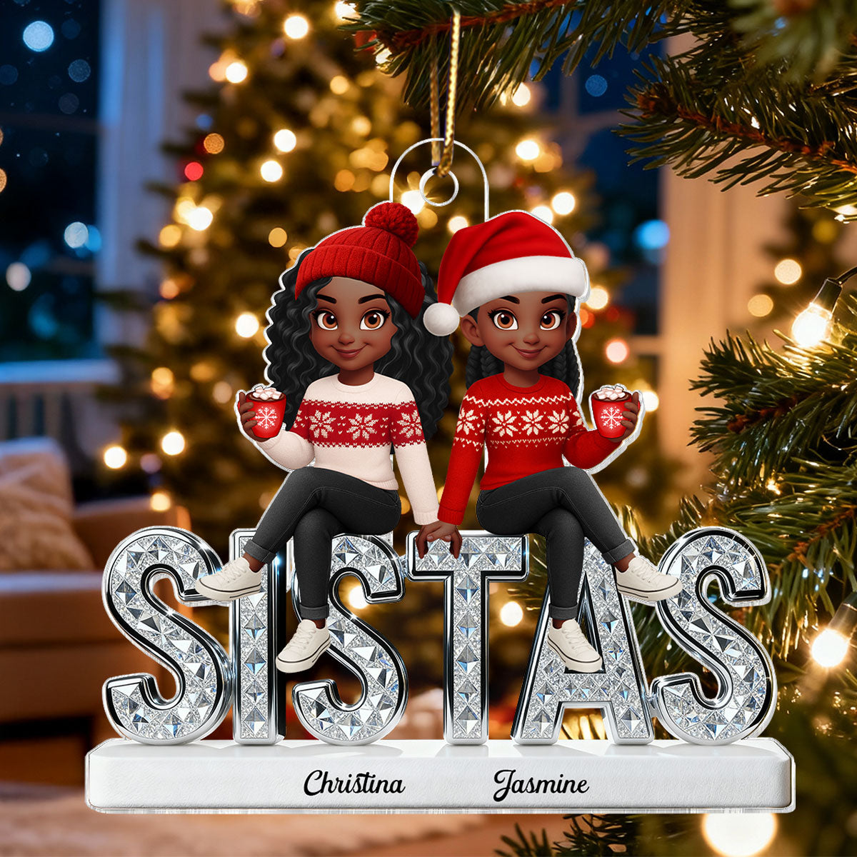 3D Shining Effect Sistas - Personalized Acrylic Car Hanger - Christmas Gift For Sisters