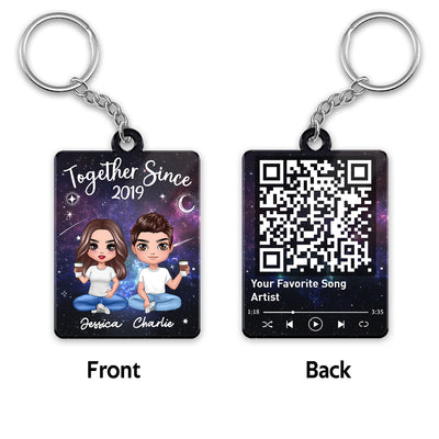 Doll Couple Sitting Galaxy Night Favorite Song Scannable QR Code Personalized Acrylic Keychain