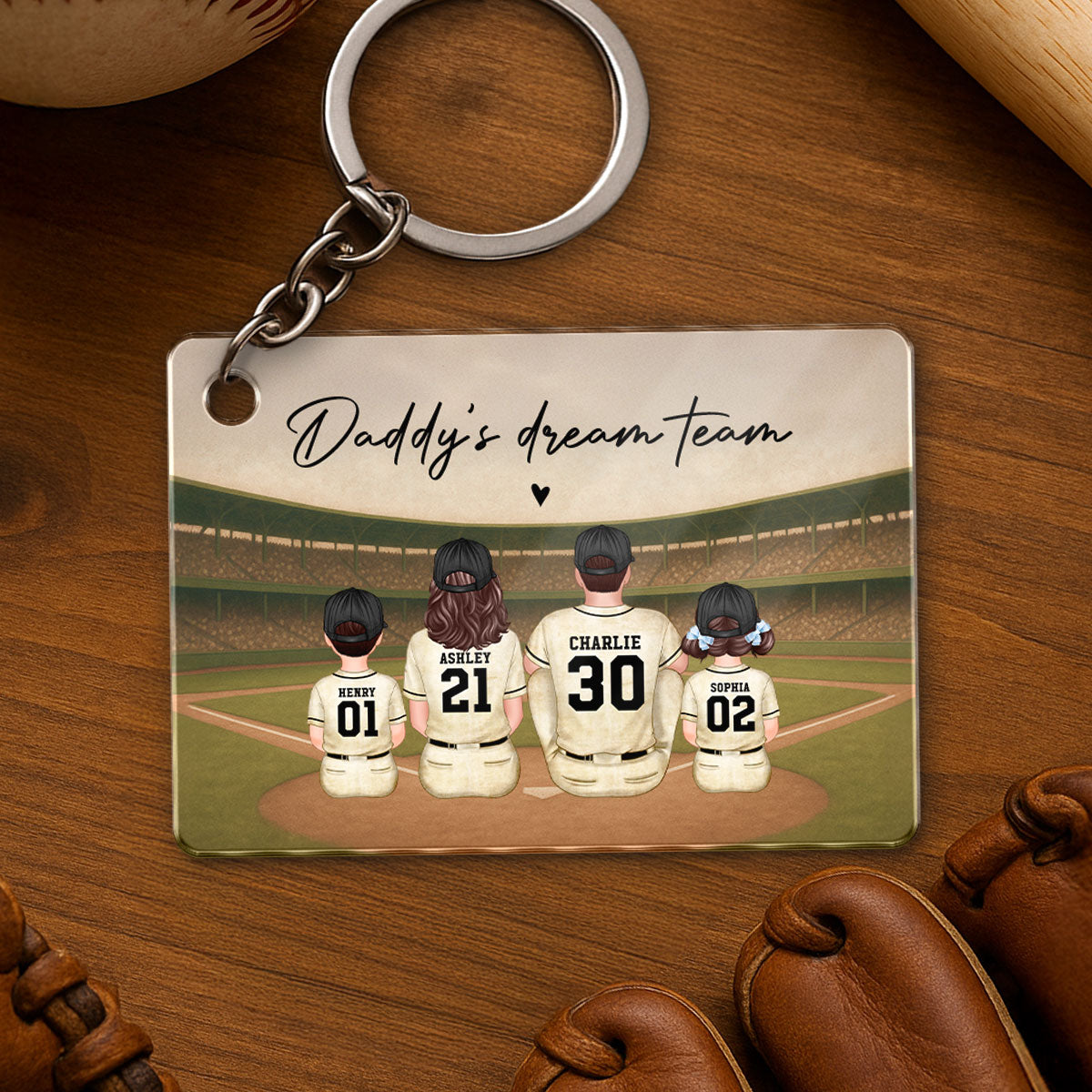 Retro Vintage Baseball Daddy's Dream Team Personalized Acrylic Keychain, Gift For Dad