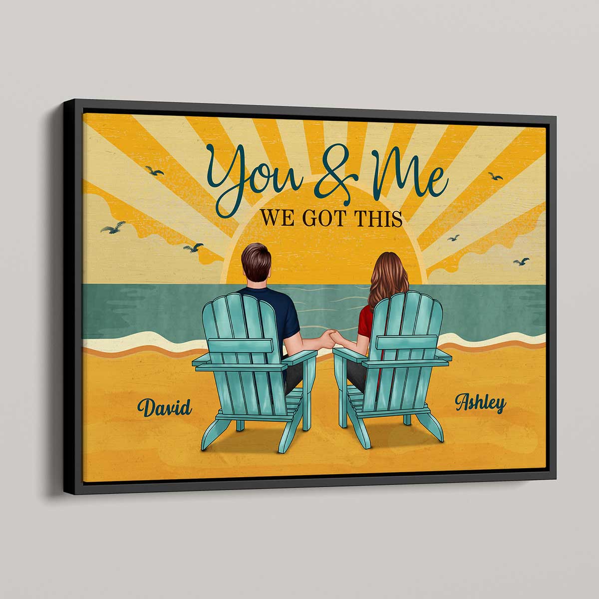 Back View Couple Sitting Beach Landscape Retro Yellow Personalized Horizontal Poster