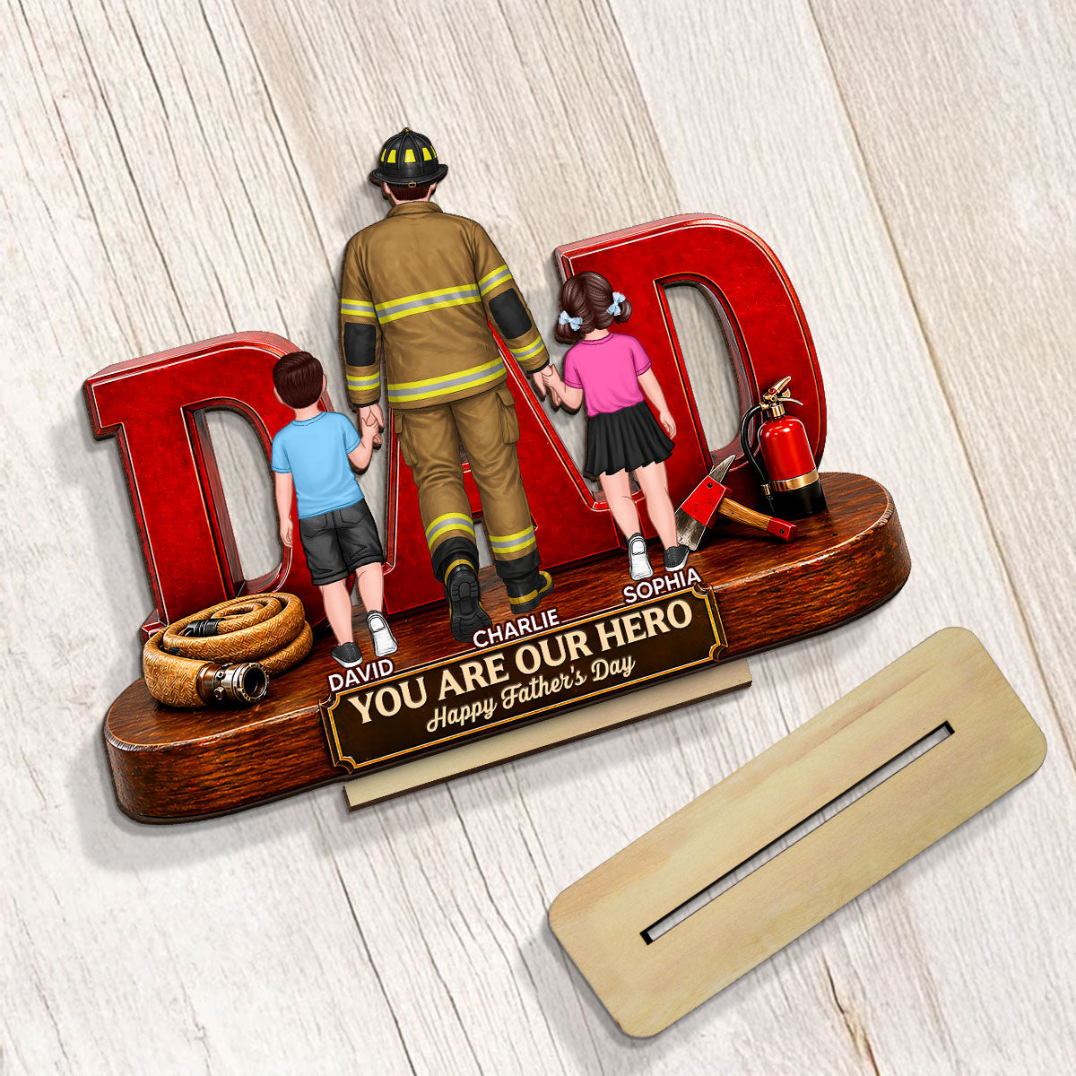 Proud Firefighter Dad You Are Our Hero - Personalized 2-Layered Wooden Plaque - Father's Day Gift For Dad
