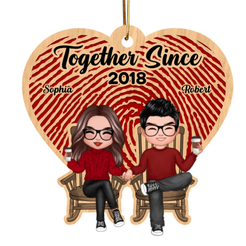 Heart Fingerprints Doll Couple Sitting Personalized Wooden Ornament