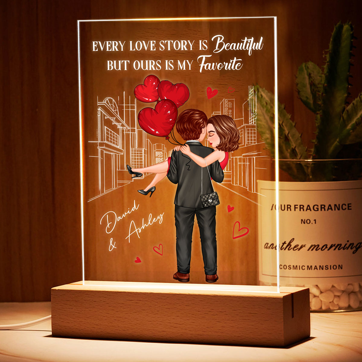 Embracing Hugging Doll Couple Outline Background Personalized Plaque LED Night Light