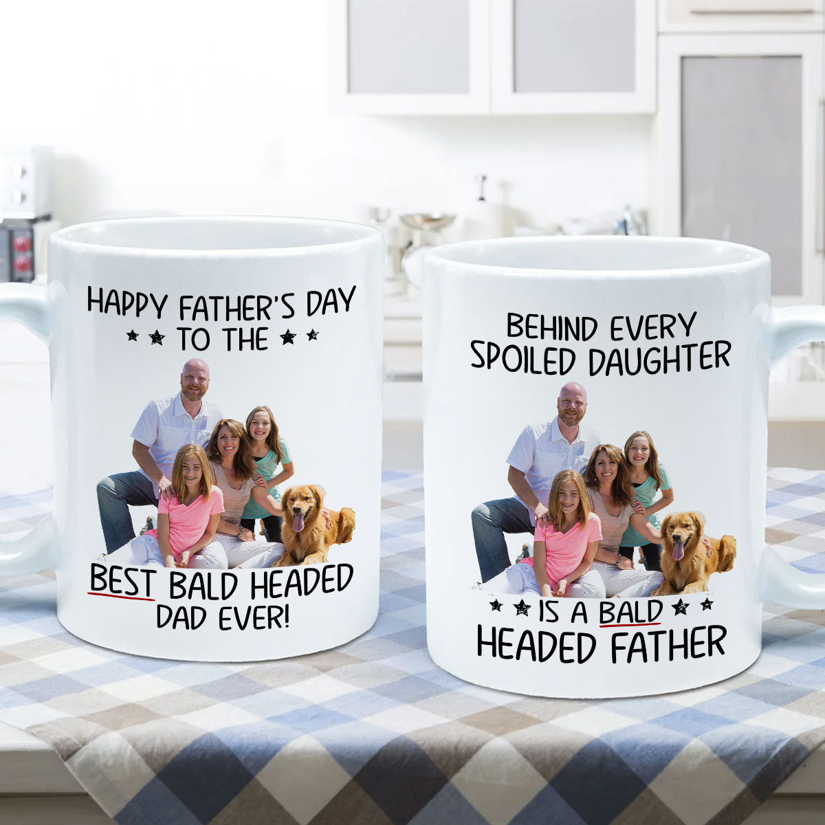Behind Spoiled Daughter Is Bald Headed Father Photo Inserted Funny Father‘s Day Gift For Dad Personalized Mug