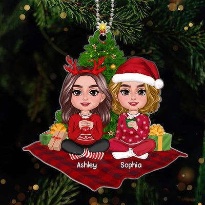 Doll Besties Sisters Sitting On Checkered Pattern Carpet Personalized Acrylic Ornament