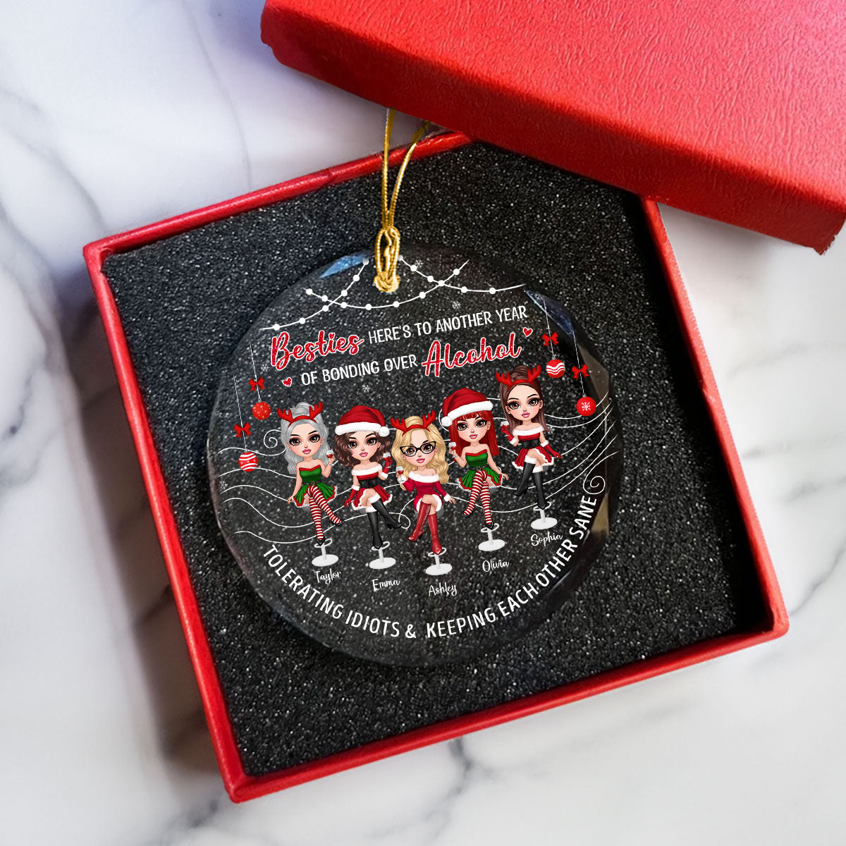 Besties Here's To Another Year Of Bonding Over Alcohol Personalized Glass Ornament, Funny Christmas Gift For Best Friends