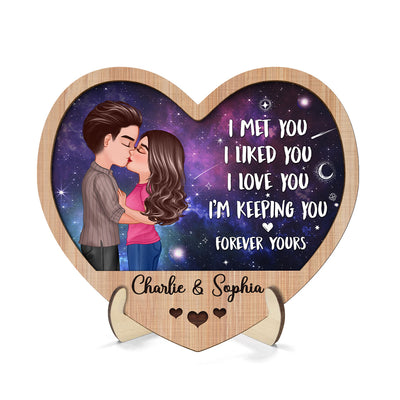 Galaxy Night Couple Kissing I Met You Personalized 2-Layer Wooden Plaque