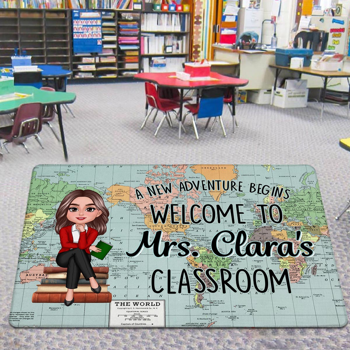 World Map Adventure Themed Teacher Welcome To Classroom Personalized Doormat, Back To School, Classroom Decor