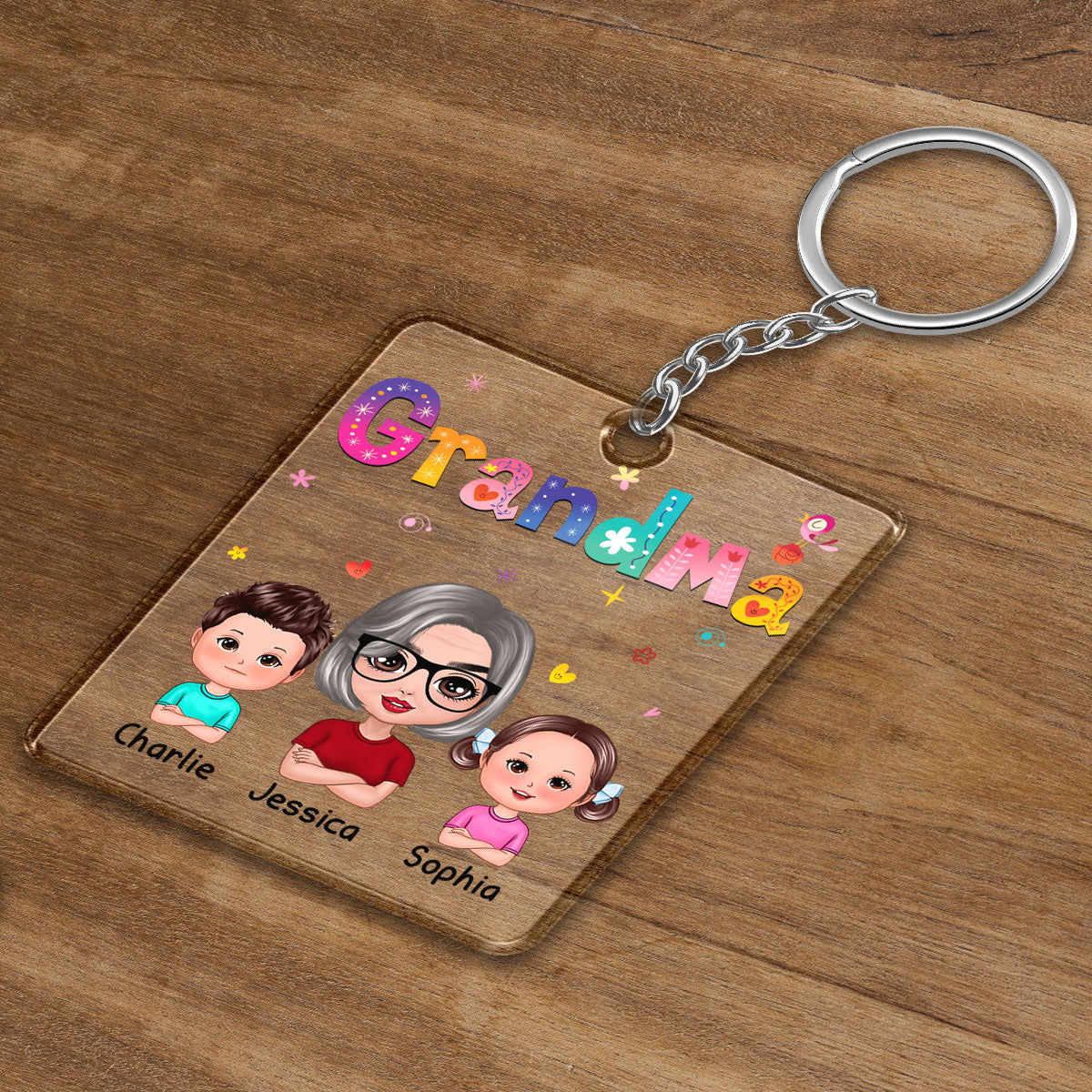 Colorful Floral Pattern Grandma Mom Auntie With Kids Personalized Acrylic Keychain
