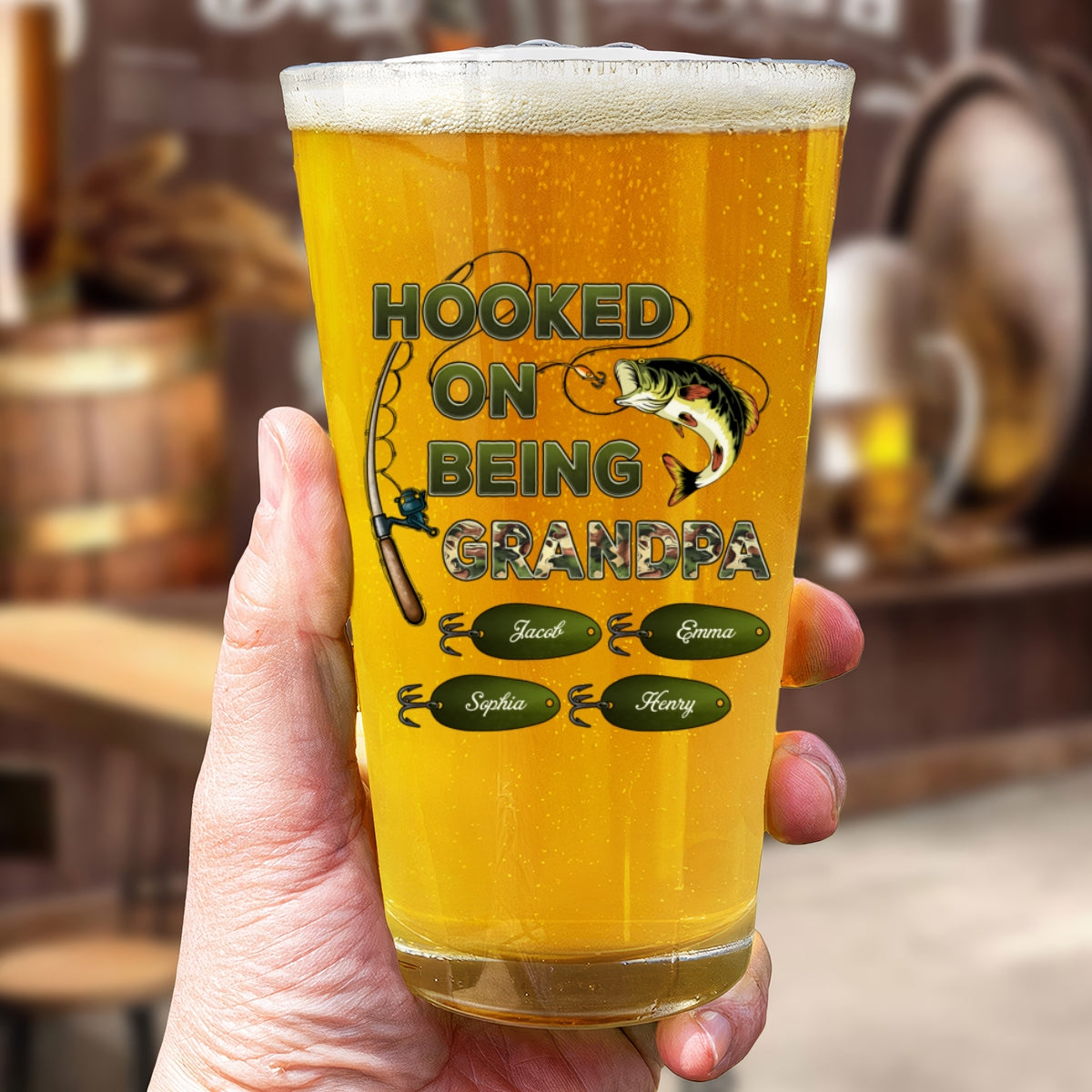 Hook On Being Grandpa Fishing Camouflage Personalized Beer Glass