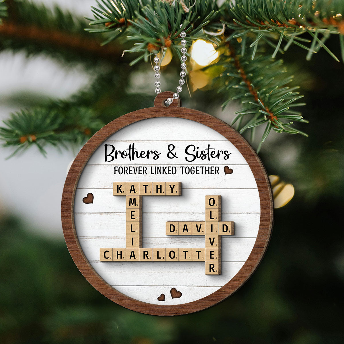 Brothers & Sisters Forever Linked Together Crossword Puzzle Art Personalized 2-Layer Wooden Ornament, Gift For Brothers, Sisters, Siblings, Family
