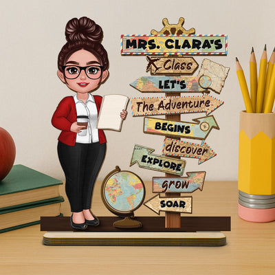 Let's The Adventure Begins Personalized 2-Layer Standing Wooden Plaque, Classroom Decoration, Desk Decor