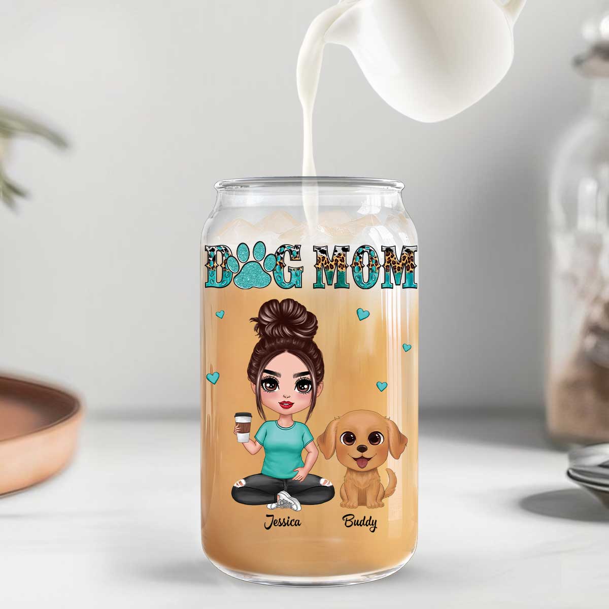 Watercolor Cute Dogs Teal And Leopard Dog Mom Personalized Clear Glass Can