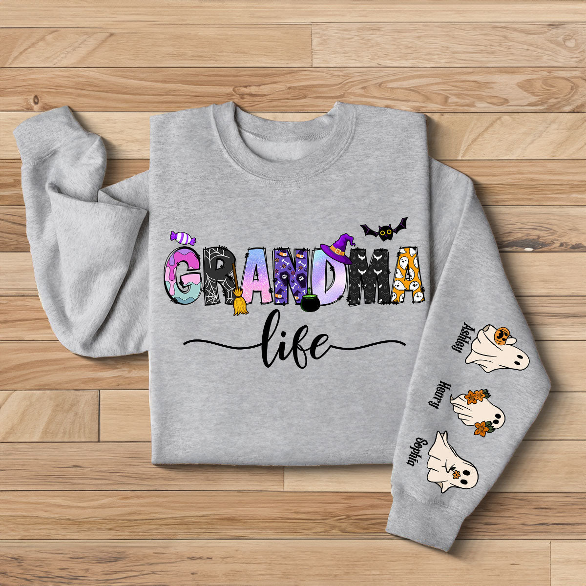 Halloween Grandma Nana Life Personalized Sleeve Printed Sweatshirt