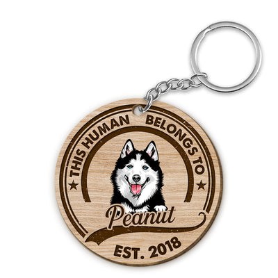 This Human Belongs To Peeking Dogs Personalized Wooden Keychain