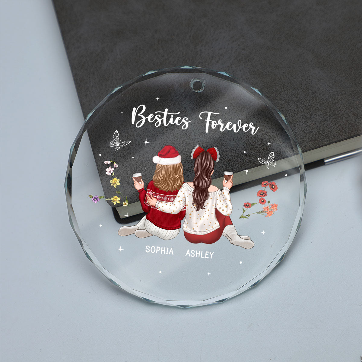 Besties Sisters Sitting Back View Zodiac Sign Birth Month Flowers Personalized Glass Ornament