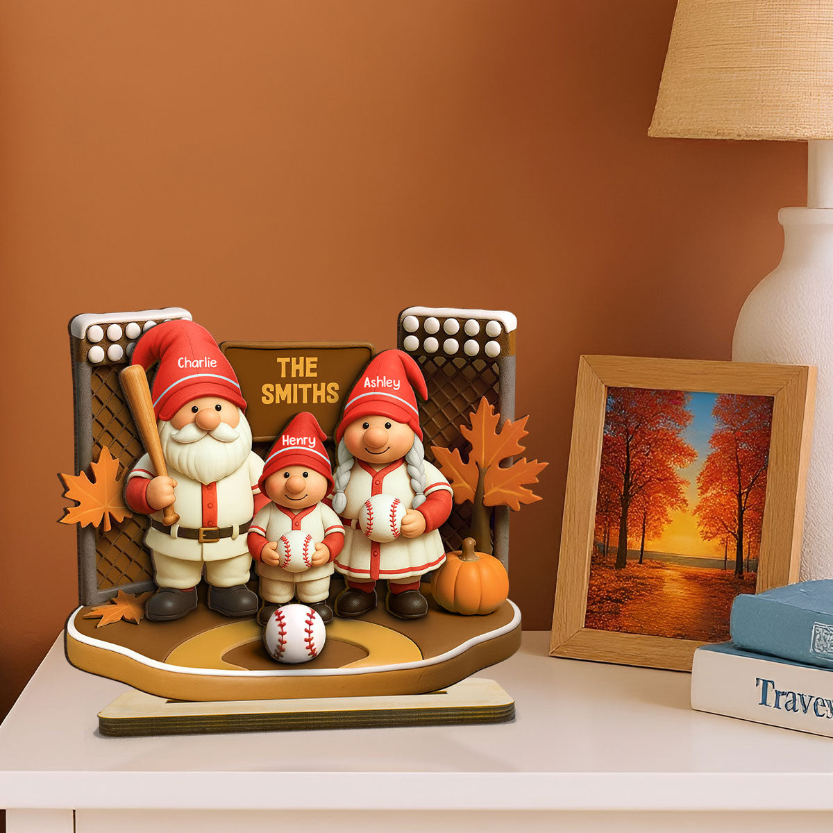 Fall Season Baseball Gnome Family 3D Effect Personalized Standing Wooden Plaque