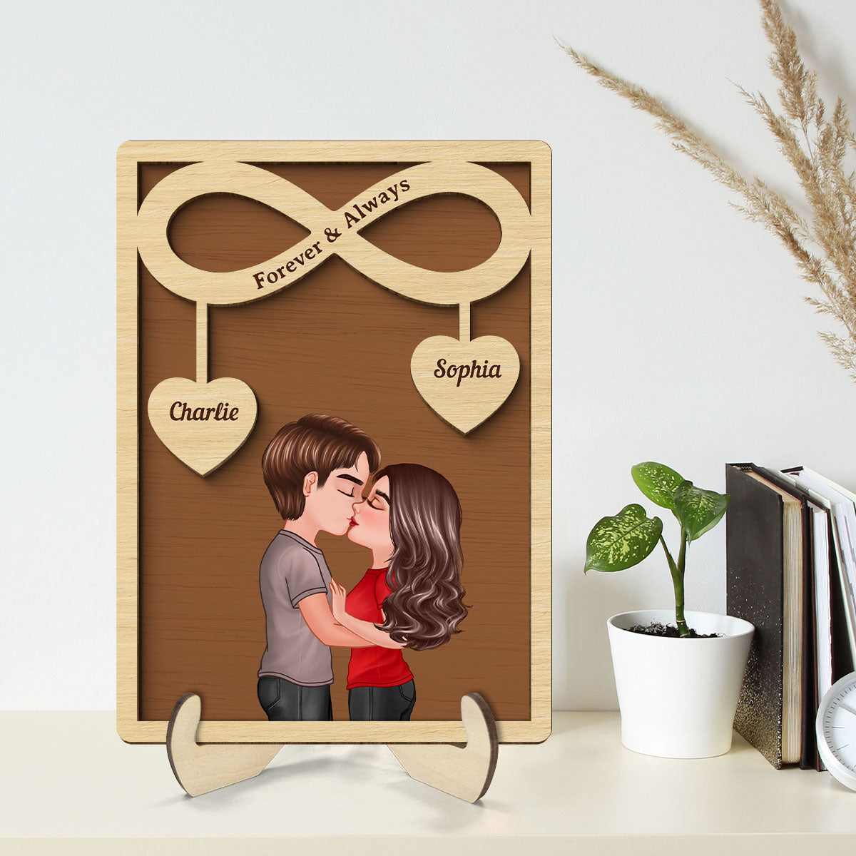 Couple Kissing Infinity Hearts Hanging Personalized 2-layer Wooden Plaque,  Gift For Him, For Her