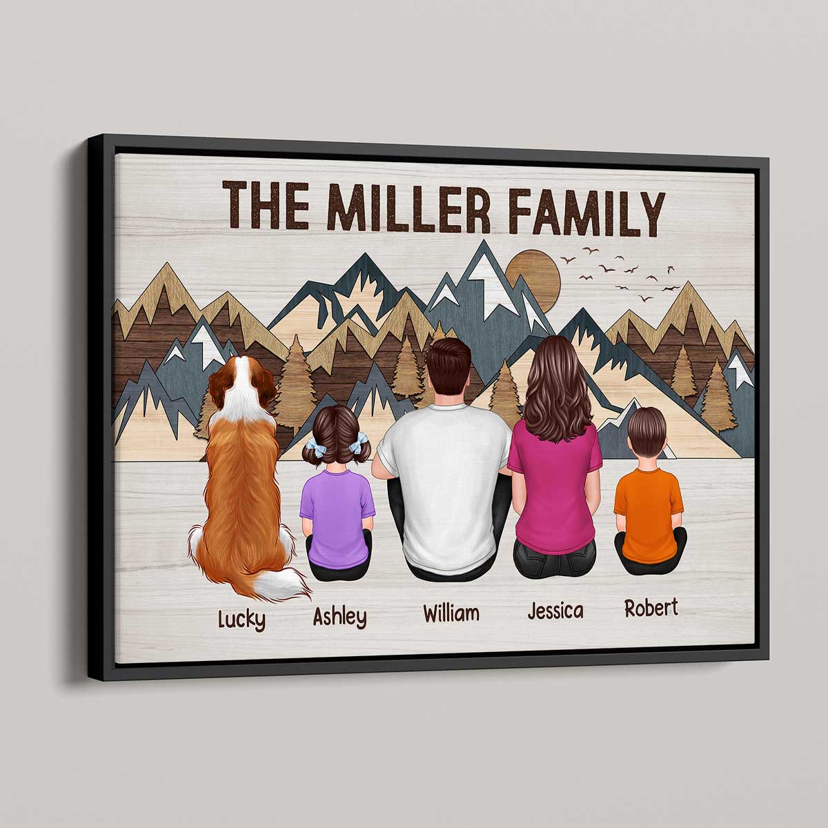 Family Couple Kids Dog Cat Sitting Mountain Panel Effect Personalized Horizontal Poster