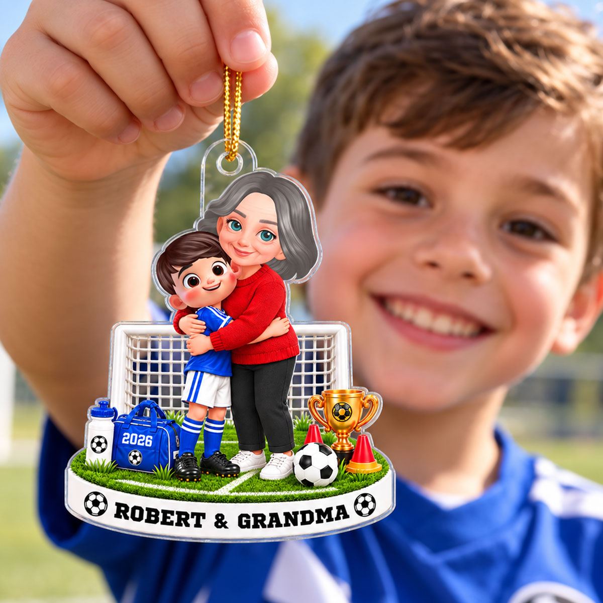 Grandma Will Always Be Your Biggest Fan Soccer Kid Boy Girl Custom Name & Color - Personalized Acrylic Ornament - Christmas Gift For Soccer Players, Grandson, Son, Granddaughter, Daughter