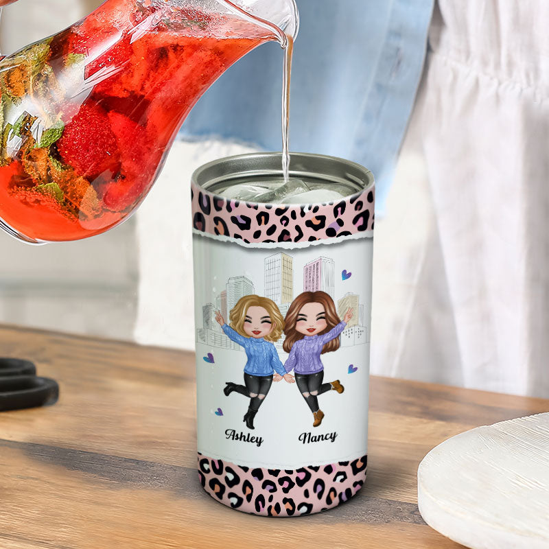 Pink Leopard Besties Sisters Personalized 4 In 1 Can Cooler