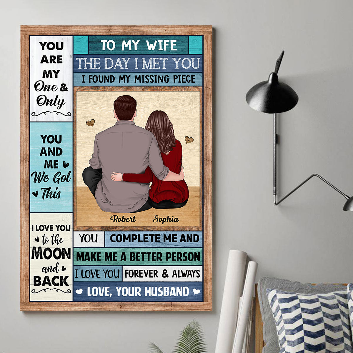 To My Wife Husband Couple Hugging Sitting Back View Personalized Vertical Poster