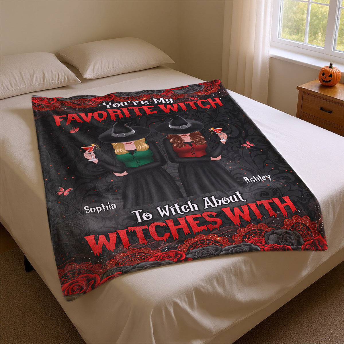 Halloween Rose Pattern Witches Besties Personalized Fleece Blanket