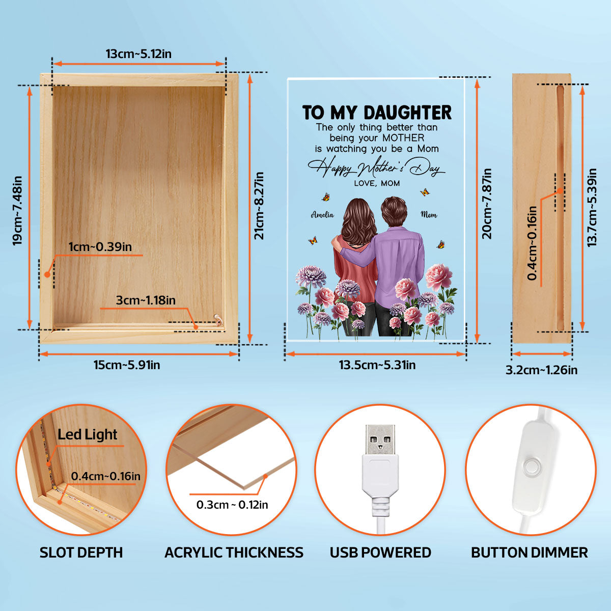 To My Daughter From Mom Happy Mother's Day Birth Flower Personalized Wooden Frame LED Light Box, Gift For Daughter