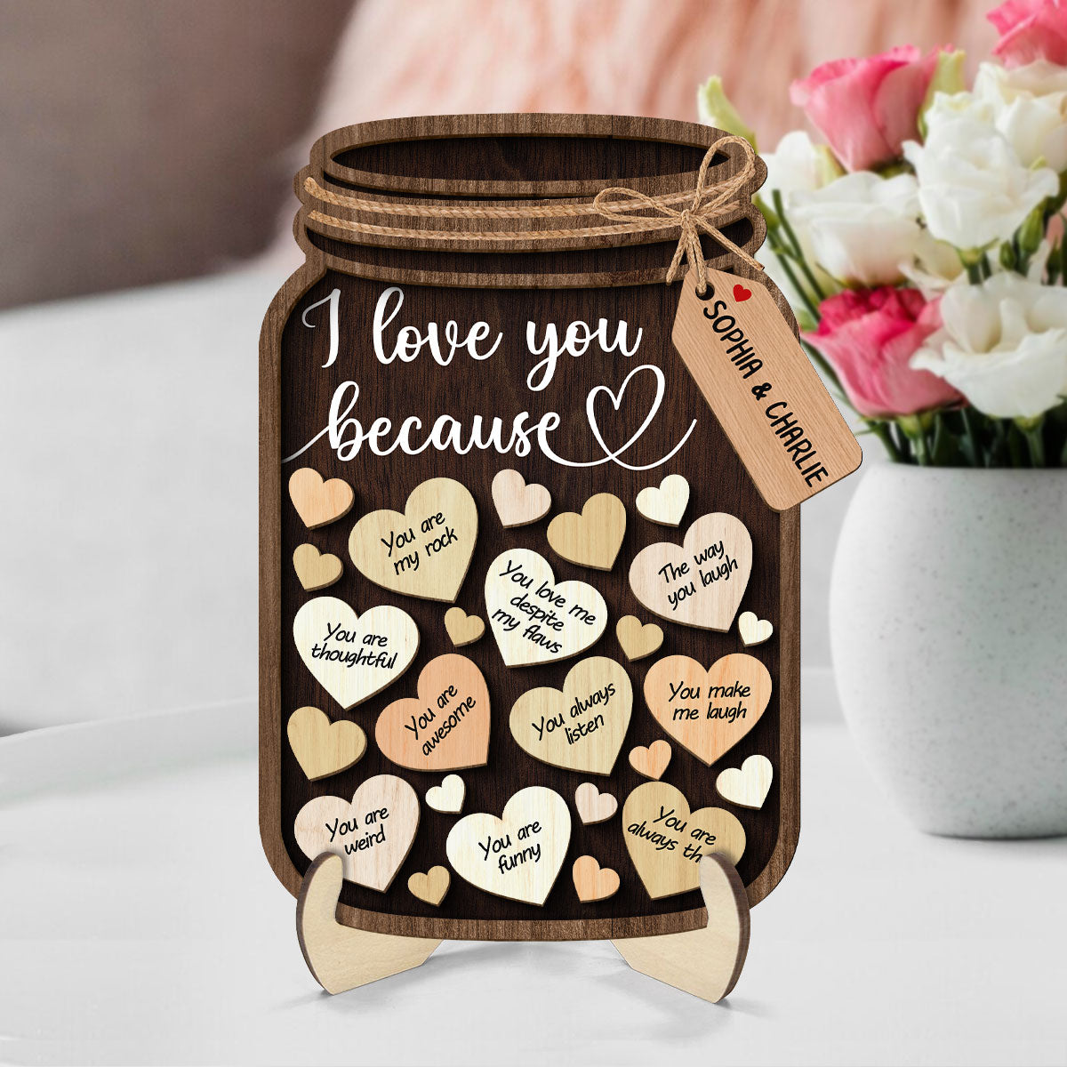 Couple I Love You Because Hearts In Mason Jar Personalized 2-Layer Wooden Plaque