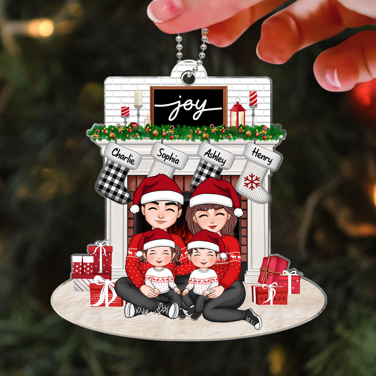 Family Sitting Hugging At The Fireplace Personalized Family Christmas Acrylic Ornament
