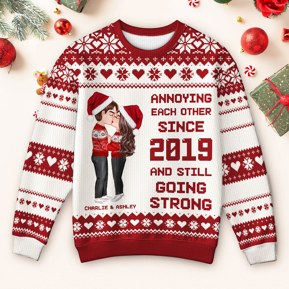 Christmas Hugging Kissing Couple Personalized Faux Knitting Ugly Sweater, Gift For Him, For Her