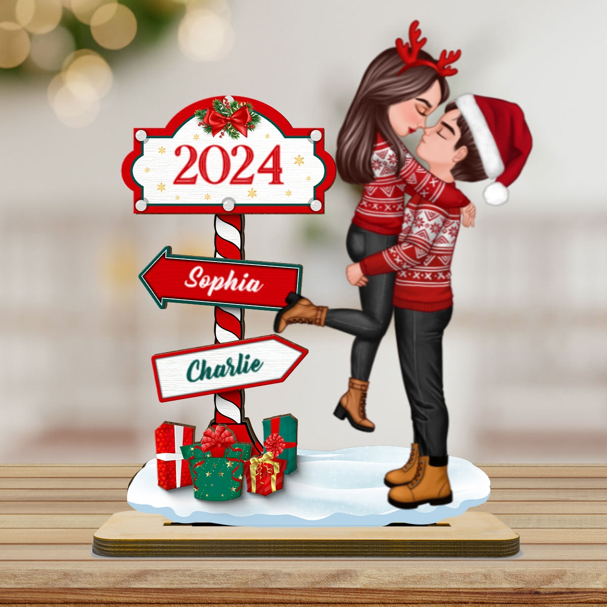 Couple Hugging Kissing North Pole Sign Christmas Decor Personalized 2-Layer Standing Wooden Plaque