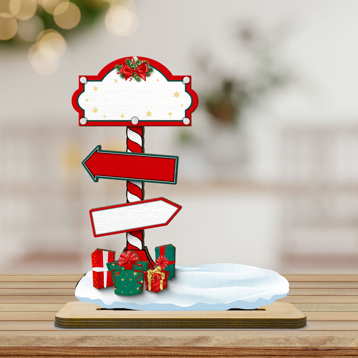 Couple Hugging Kissing North Pole Sign Christmas Decor Personalized 2-Layer Standing Wooden Plaque
