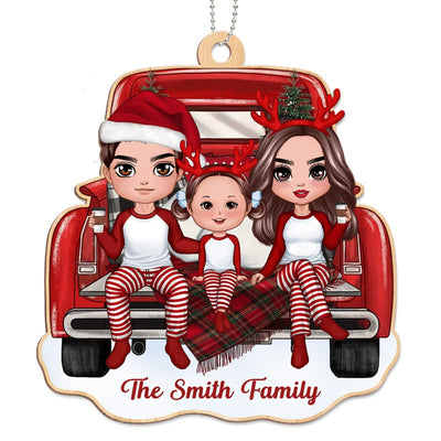 Christmas Doll Family Red Truck Back View Personalized Wooden Ornament