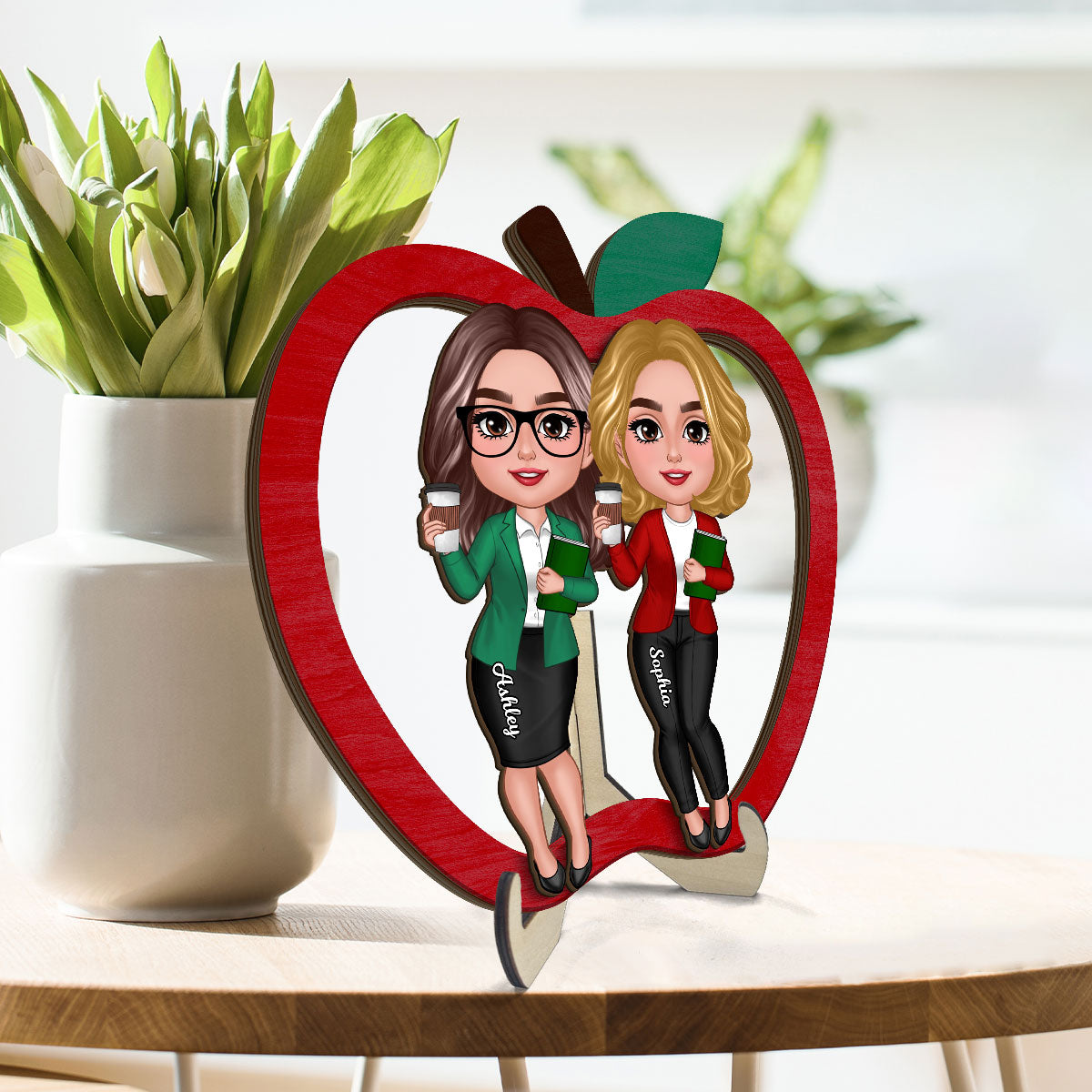 Doll Teacher Besties Colleagues Personalized 2-Layer Apple Shaped Wooden Plaque