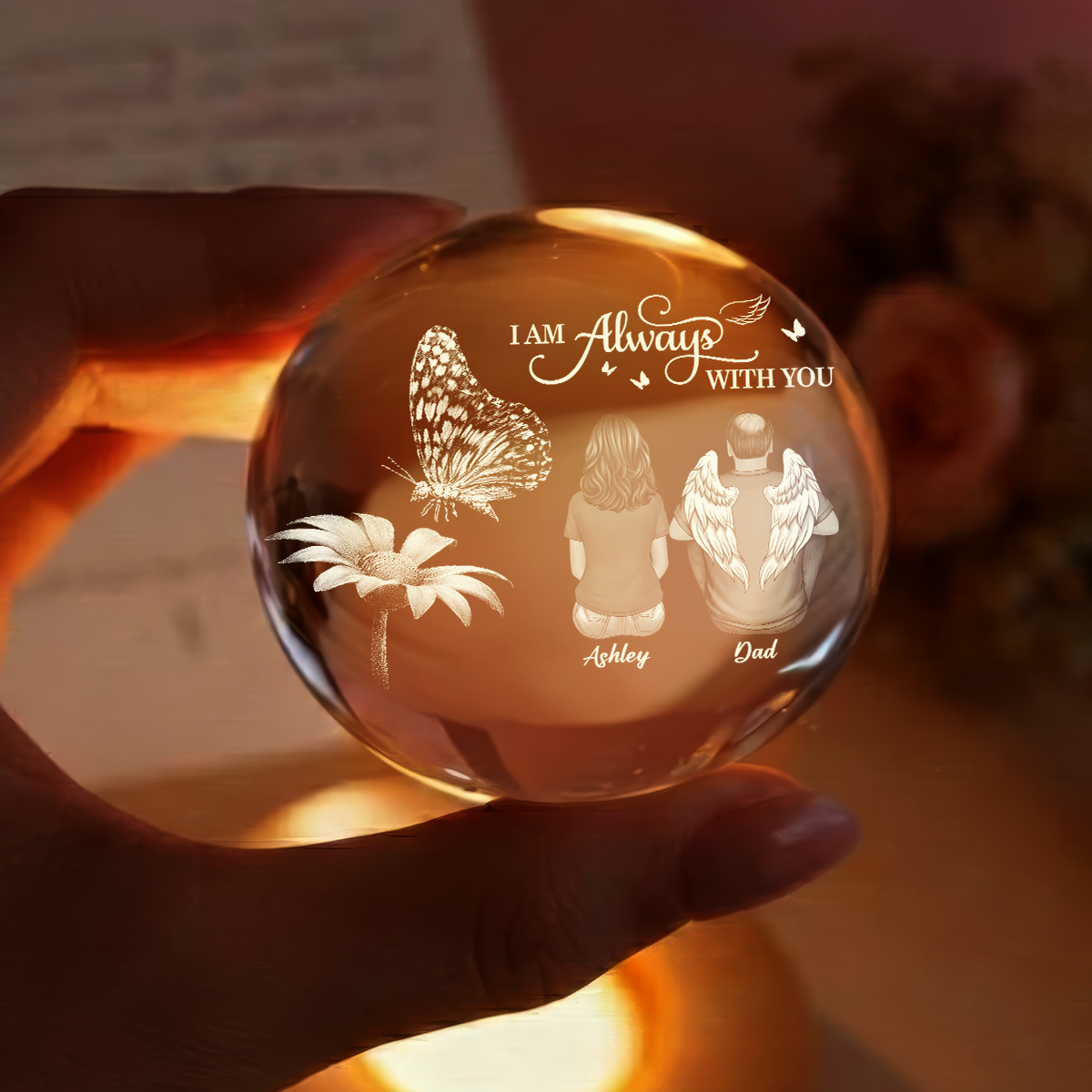 Always With You Family Back View Butterfly On Daisy - Personalized Crystal Ball LED Night Light - Memorial Remembrance Keepsake