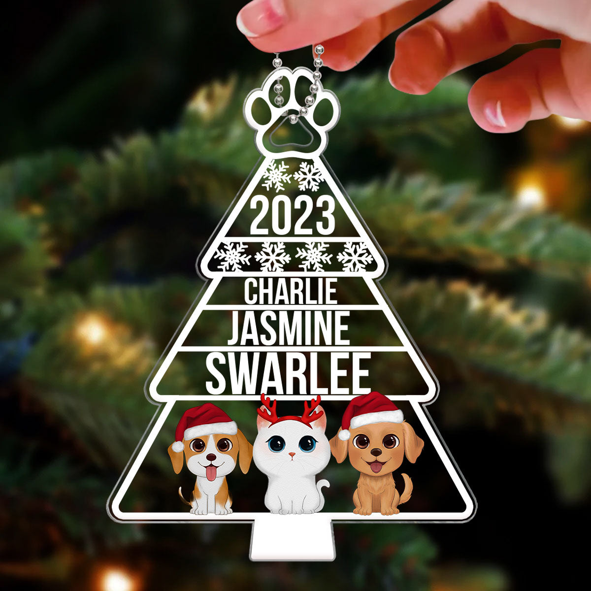 Dogs Cats Christmas Tree Shaped Personalized Acrylic Ornament