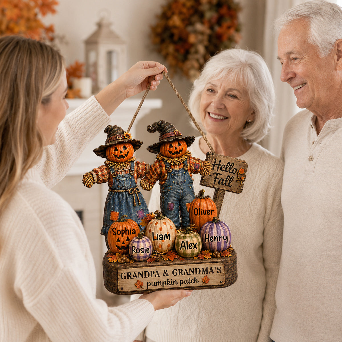 Grandma Grandpa's Pumpkin Patch Scarecrow - Personalized Door Sign - Halloween Fall Decor for Grandparents