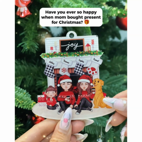 Cute Family Dad Mom Kids Dogs Cats Sitting At Christmas Fireplace - Personalized Acrylic Ornament