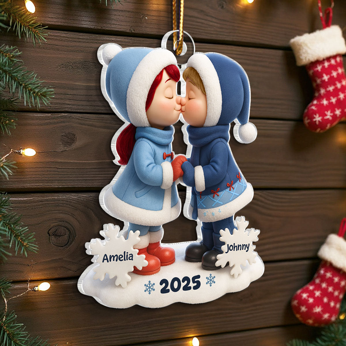 Cute Cartoon Couple Hugging Kissing Personalized Ornament, 3D Effect Acrylic Ornament, Christmas Gift for him, Gift for her